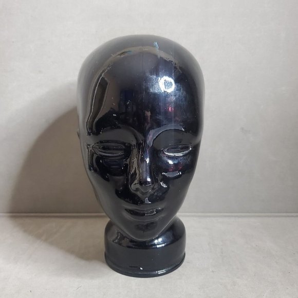 Vintage Pier 1 Black Art Glass Mannequin Head Bust Wig Hat Display Made in Spain